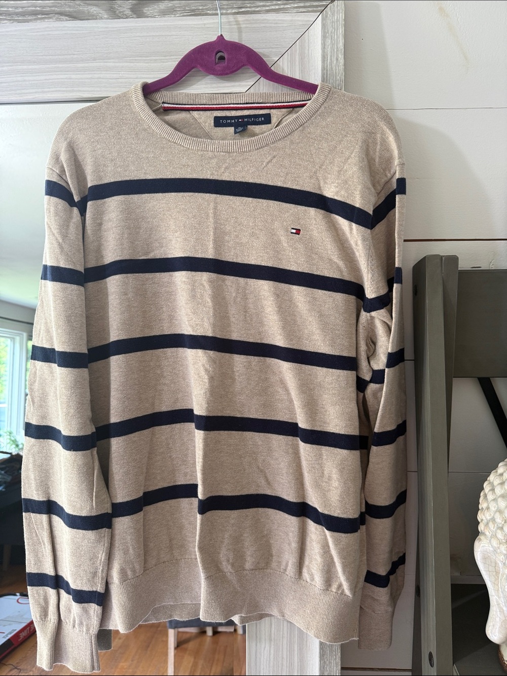 Tommy Hilfiger Beige and Navy Striped Crewneck Sweater